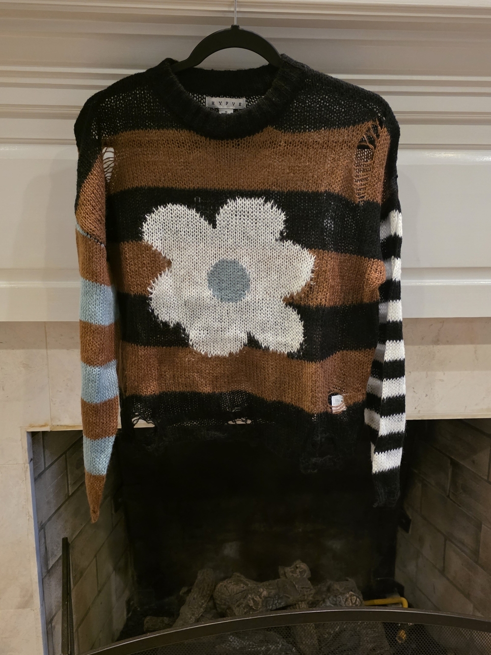HYFVE Black, Brown & White Striped Floral Knit Distressed Sweater